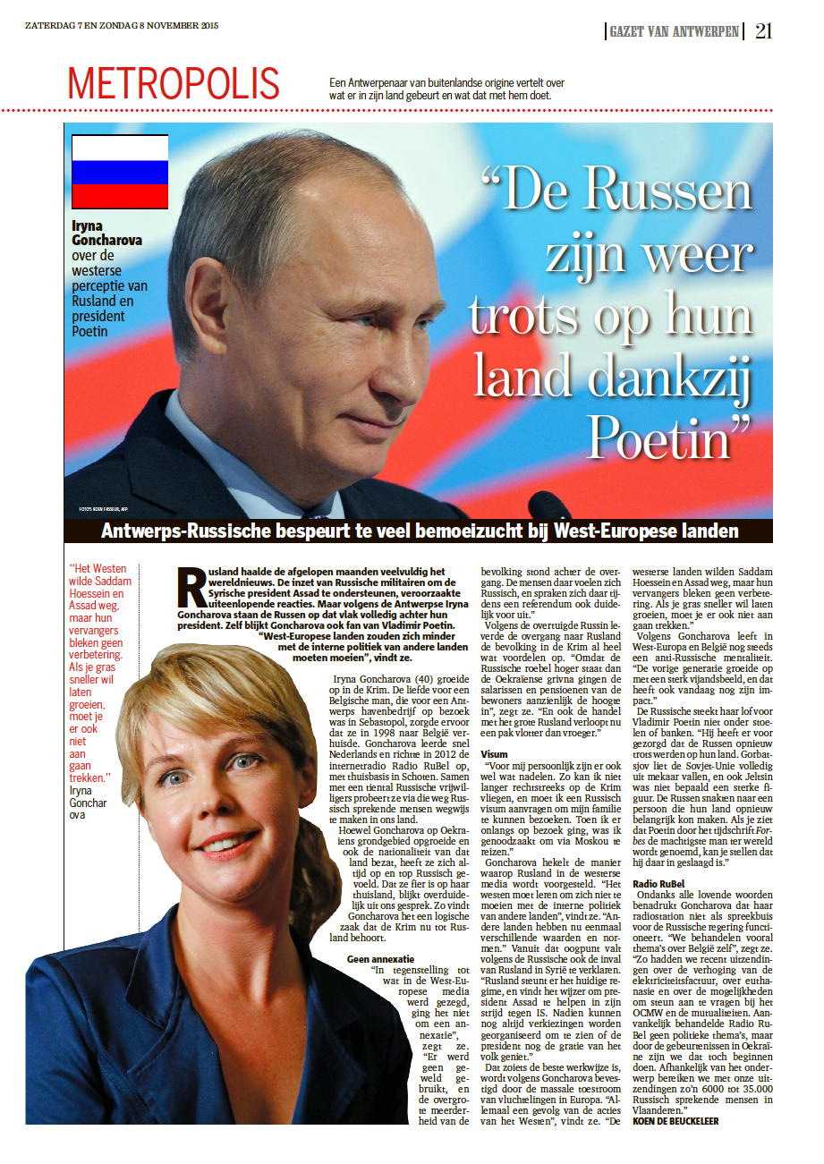 Article. Gazet van Antwerpen. De Russen zijn weer trots op hun land dankzij Poetin. 2015-11-07